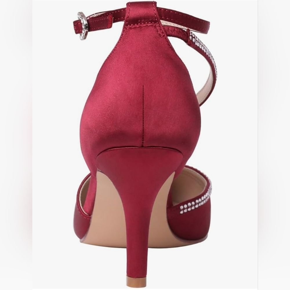 ☔️🩵Burgundy Satin & Rhinestone Buckled Ankle Strappy Heel Shoes Size 8 - Picture 15 of 15